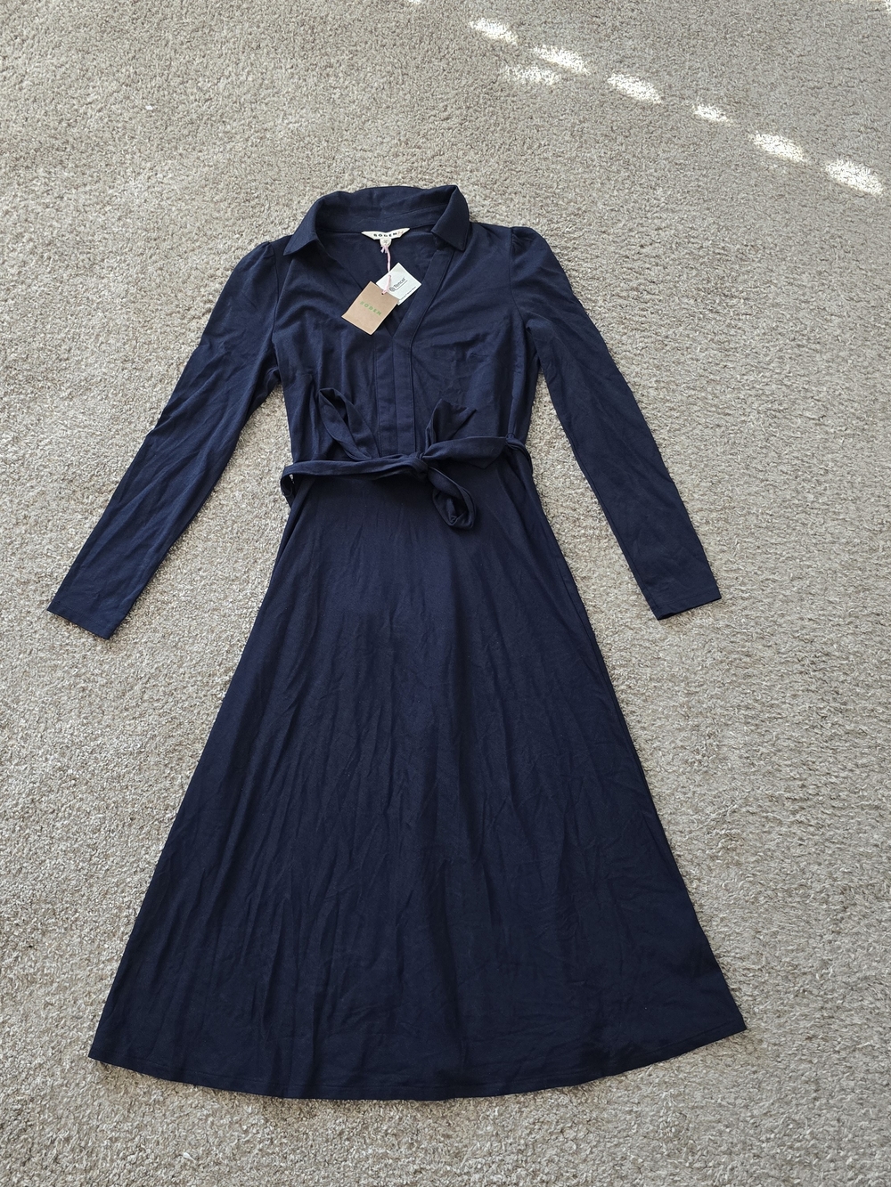 Boden Navy Solid Collared Long Sleeve Belted Tie Knit Midi Dress Chic Size 4 NEW